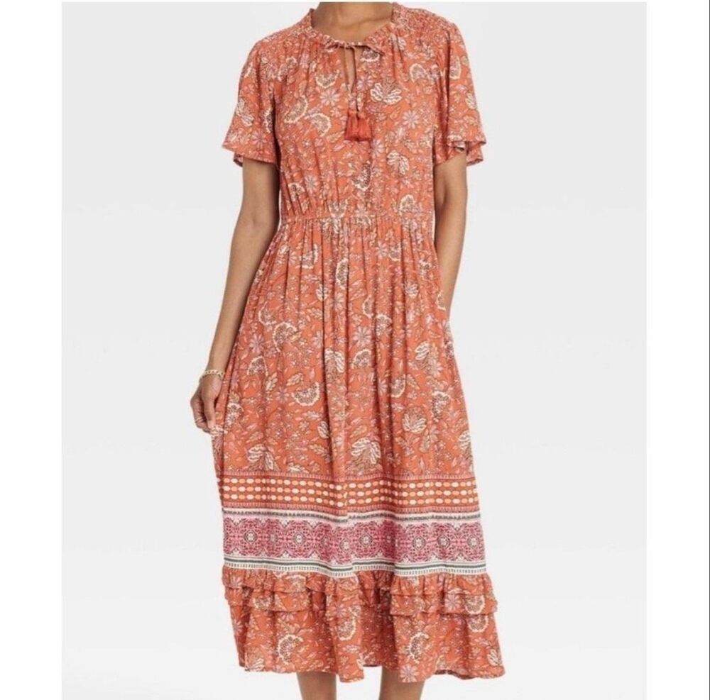 Knox Rose Women's Orange Floral Boho Midi Dress Short Sleeve Tassel Size XL-213